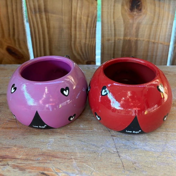 Set of 2 Rocket Farms Lovebugs Ladybugs Mini Planters Purple & Red with Hearts - Picture 4 of 8